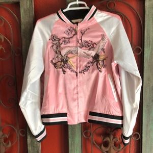 Pretty In Pink esque satin letterman’s jacket with crane embroidery